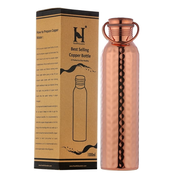 HealthGoodsIn - Pure Copper Hammered Water Bottle with Carrying Handle 1000 ML For Ayurvedic Benefits