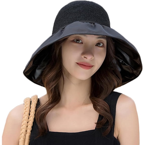 CoCoMangos Women Straw Sun Hat Large Floppy UV Protection Vinyl Brim Beach Cap Roll up Packable Summer Sun Shade Hat with Bow