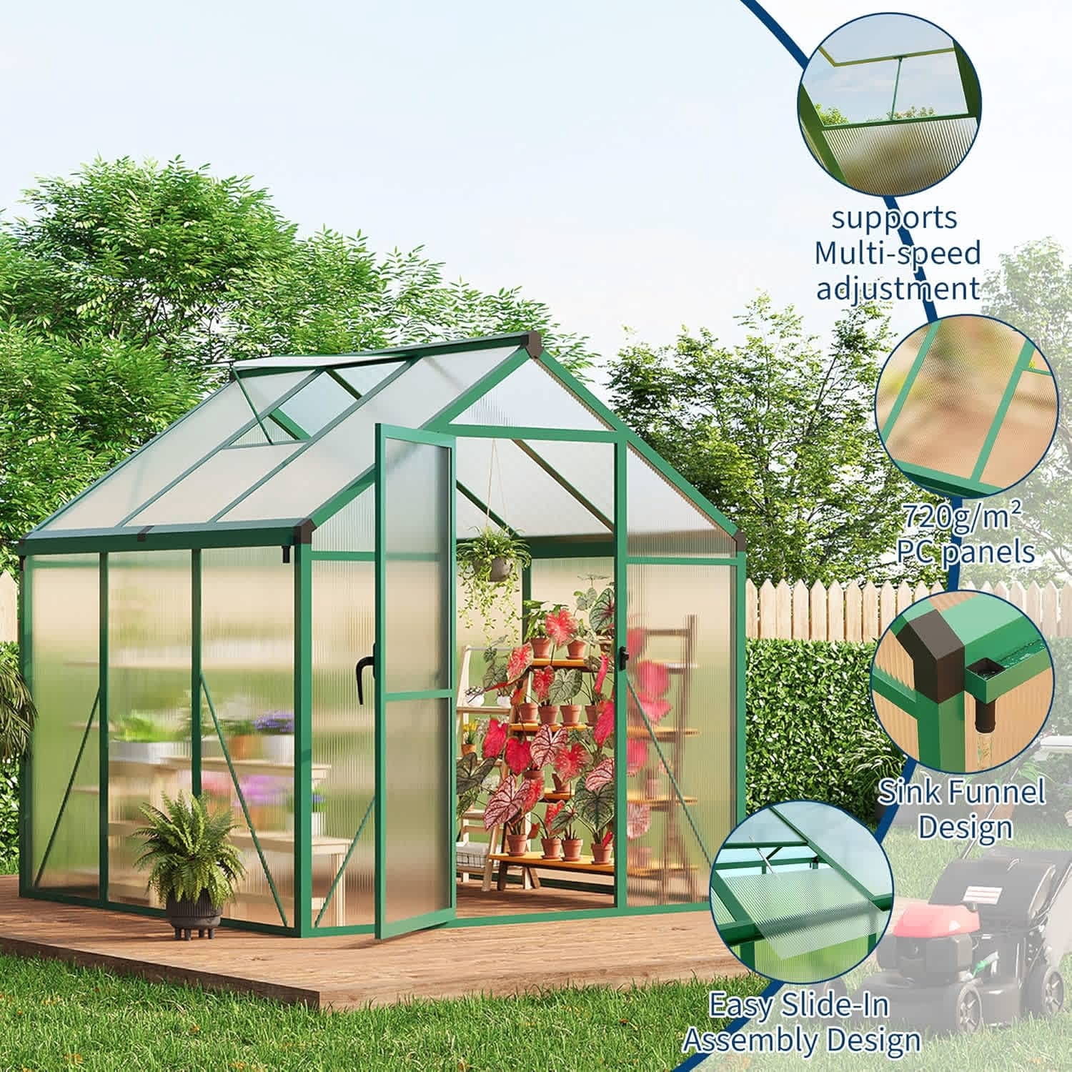 EastVita 6 x 6ft Walk-in Greenhouse Heavy-Duty Aluminum Frame Polycarbonate Panels Easy Assembly Roof Vent Ground Anchors Sliding Lockable Door for Backyard Green