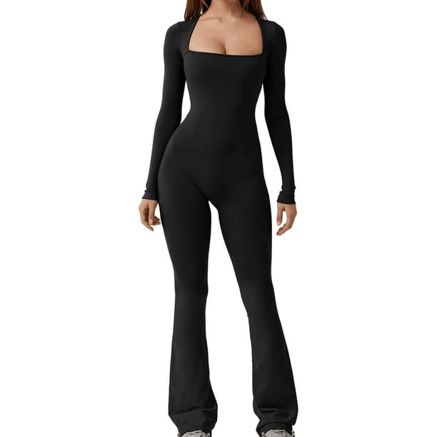 Monos de manga larga para mujer, pantalones largos de pierna ancha, mameluco para mujer, moda elástica Negro S Jinwen Mono corto