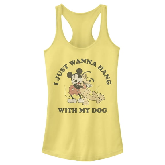 Junior's Mickey & Friends I Just Wanna Hang with my Dog Pluto Racerback Tank Top Banana Large