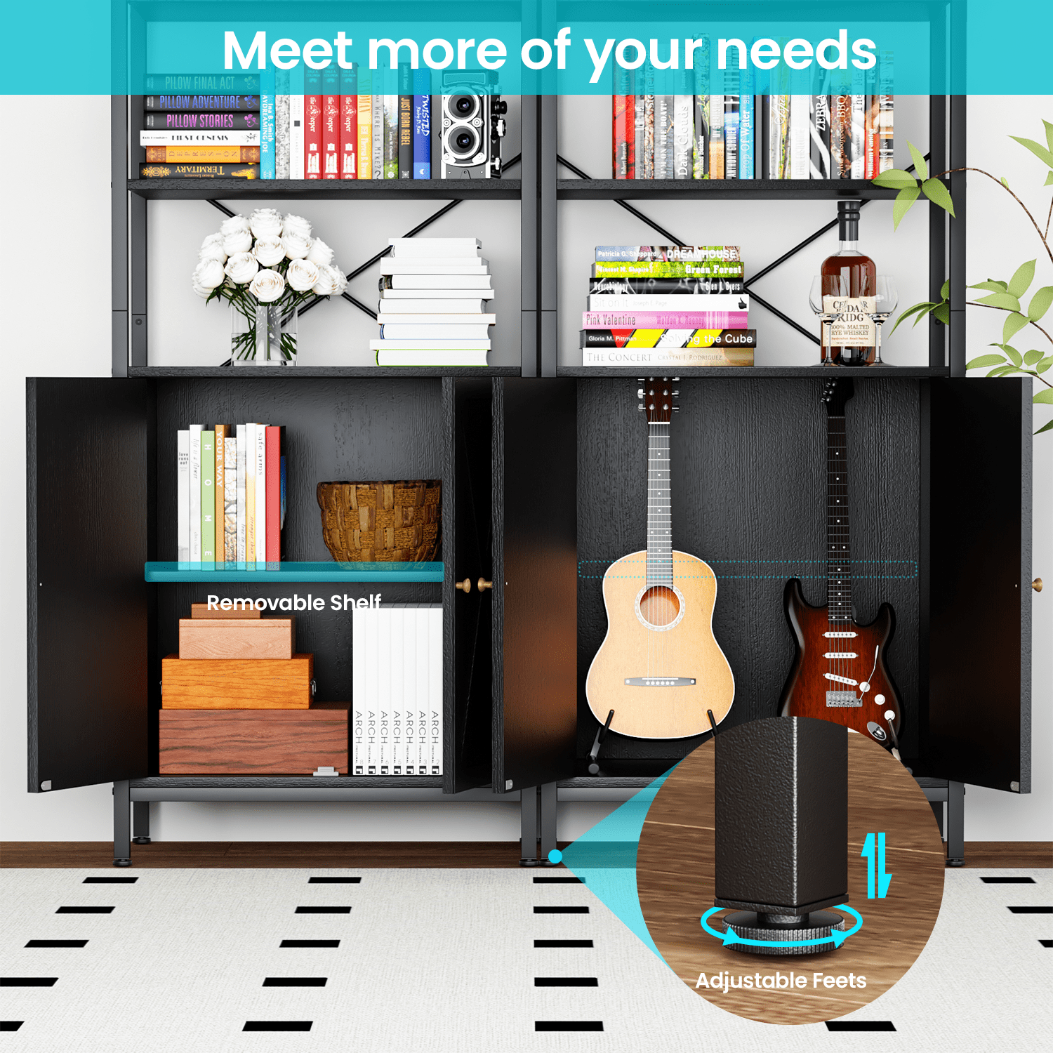 MONVANE Farmhouse Bookshelf and Bookcase with Doors, Crosshatch Design, 4 Shelves, 1 Pack, Black