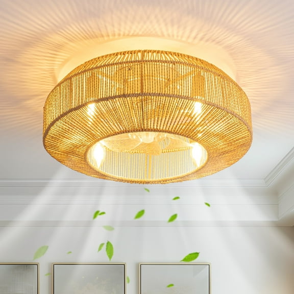 HOOMEDELIER 20" Indoor Gold 6-Speed Boho Rattan Caged Ceiling Fan with Light and Remote Control, Flush Mount Ceiling Fan