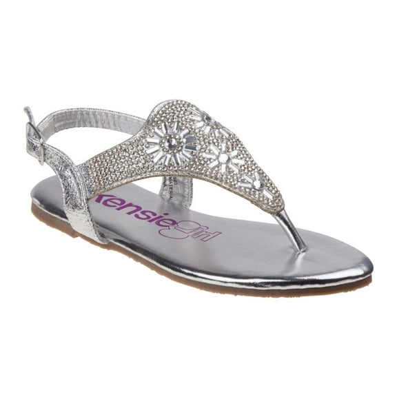 Kensie Girl Open Toe Beaded Kids Thong Sandal with Adjustable Buckled Ankle Strap, Silver, 3