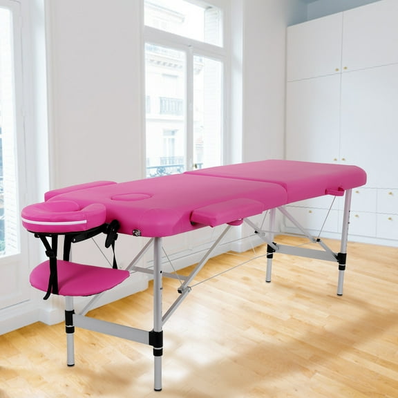 Dkeli 73 inch 2 Folding Massage Table Aluminium Massage Bed Portable Height Adjustable Spa Bed W/Face Cradle & Carry Case, Pink
