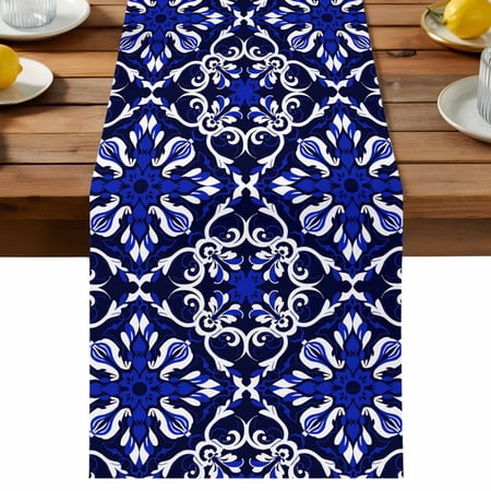 Abstract Geometric Table Runner Floral Blue Bohemia Style Cotton Linen Table Cloth Tablerunner for Kitchen Dining Party Wedding Home Decor 13x48 Inch