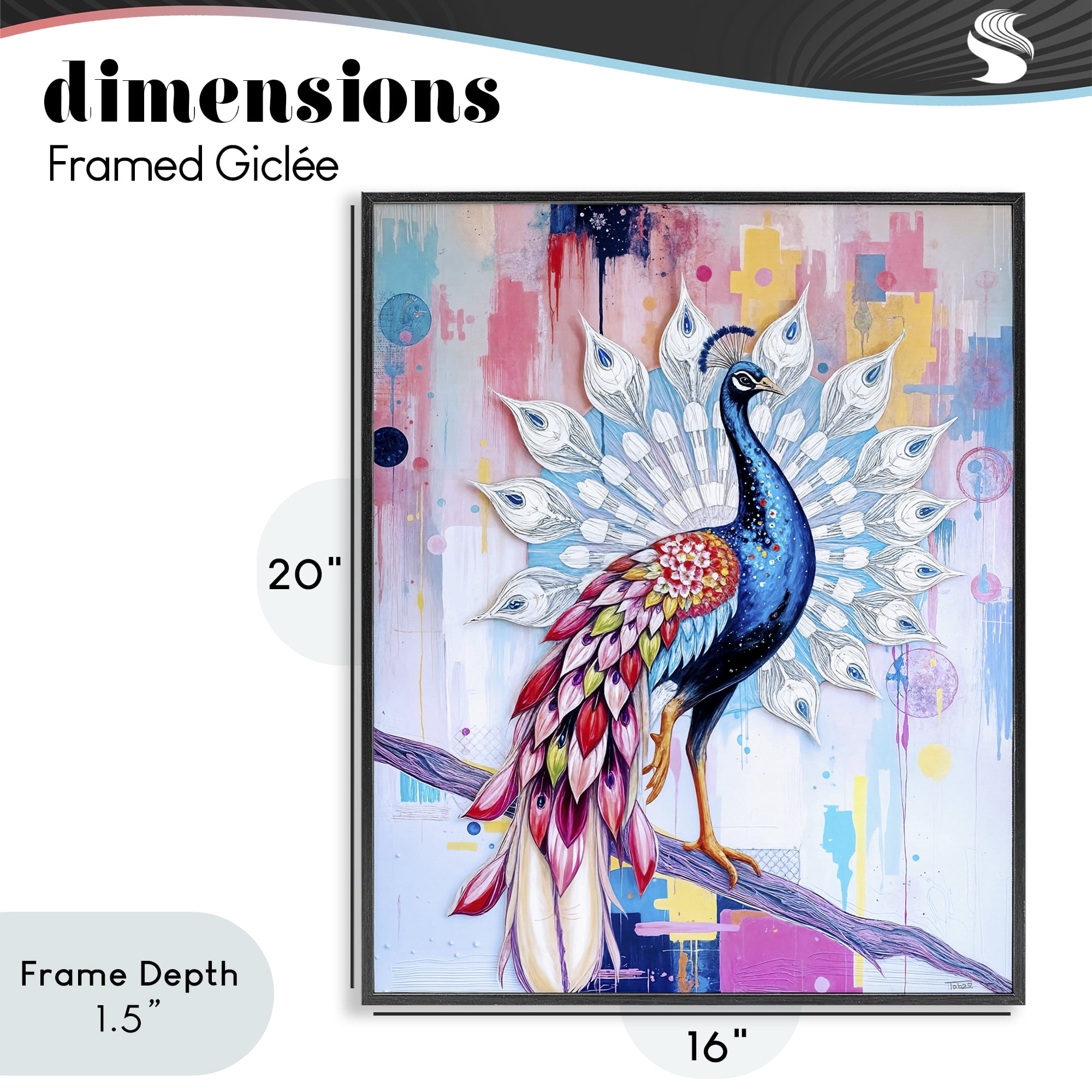 Stupell Industries Radiant Peacock on Branch Black Framed Giclee Art, design by Tabz Jones