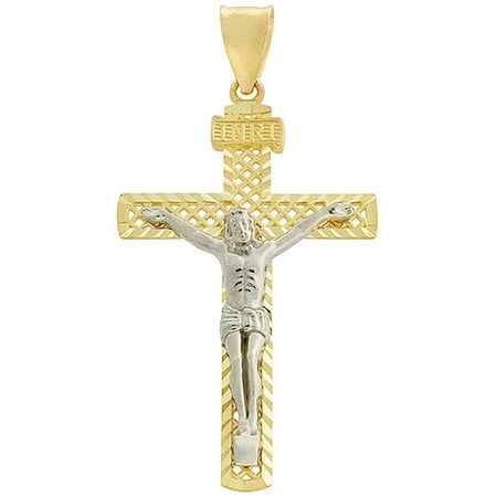 Diamond-Cut 10kt Yellow & White Gold Lattice Crucifix Pendant
