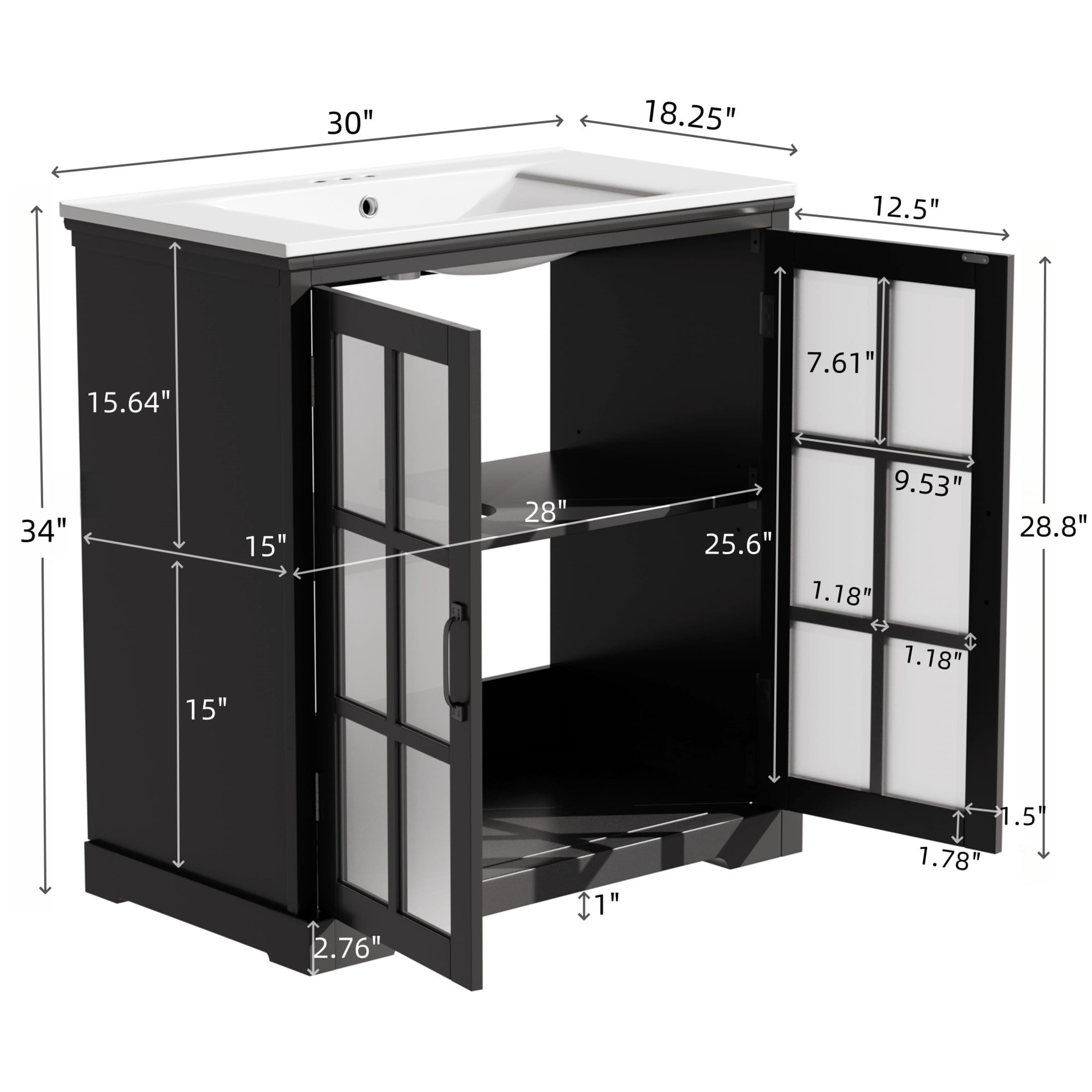 Christopher Knight Home 30" Bathroom Vanity with Ceramic Sink, Blurred Glass Doors, Wood Frame, Black