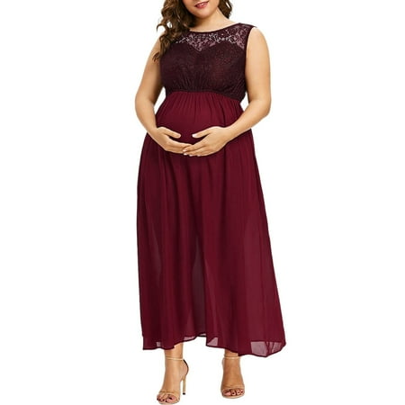 2019 hot sales Women O-Neck Plus Size Pregnant Maternity Sleeveless Nursing Lace Chiffon Dress