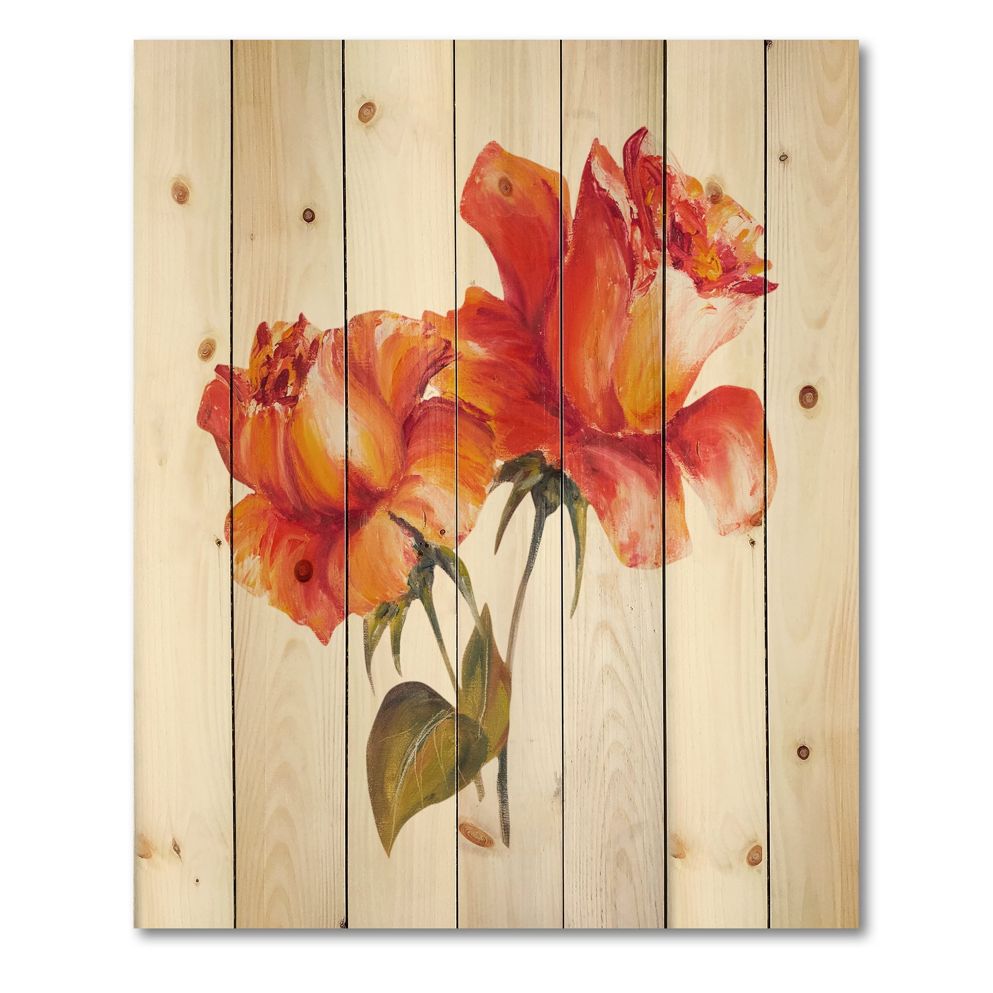 Designart 'Two Blossoming Red Roses On White' Traditional Print on Natural Pine Wood