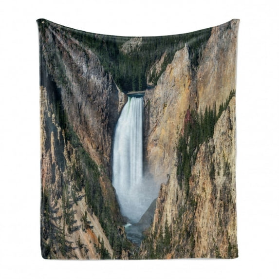 Wyoming Soft Flannel Fleece Throw Blanket, Grand Canyon of Yellowstone Outdoor Scene of Waterfall, Cozy Plush for Indoor and Outdoor Use, 50" x 60", Sand Brown Hunter Green, by Ambesonne