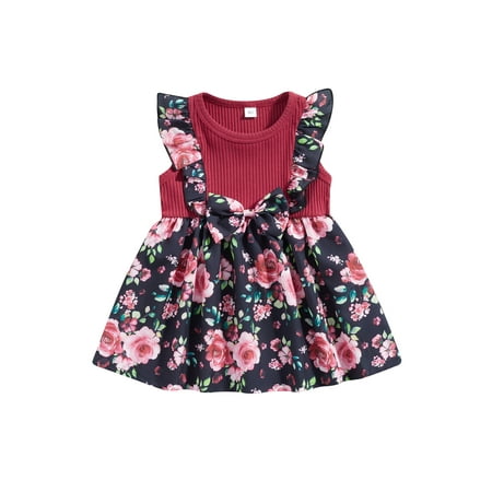 

Binpure Toddler Girls Spring A-line Dress Sleeveless Round Neck Bow Front Floral Print Dress