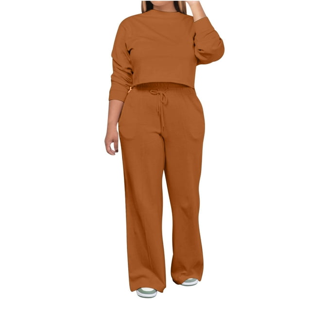 AherBiu Ensembles de Détente pour Femmes, Hauts à Col Rond, Pantalons Droits, Ensembles 2 Pcs, Vêtements de Printemps et d'Automne