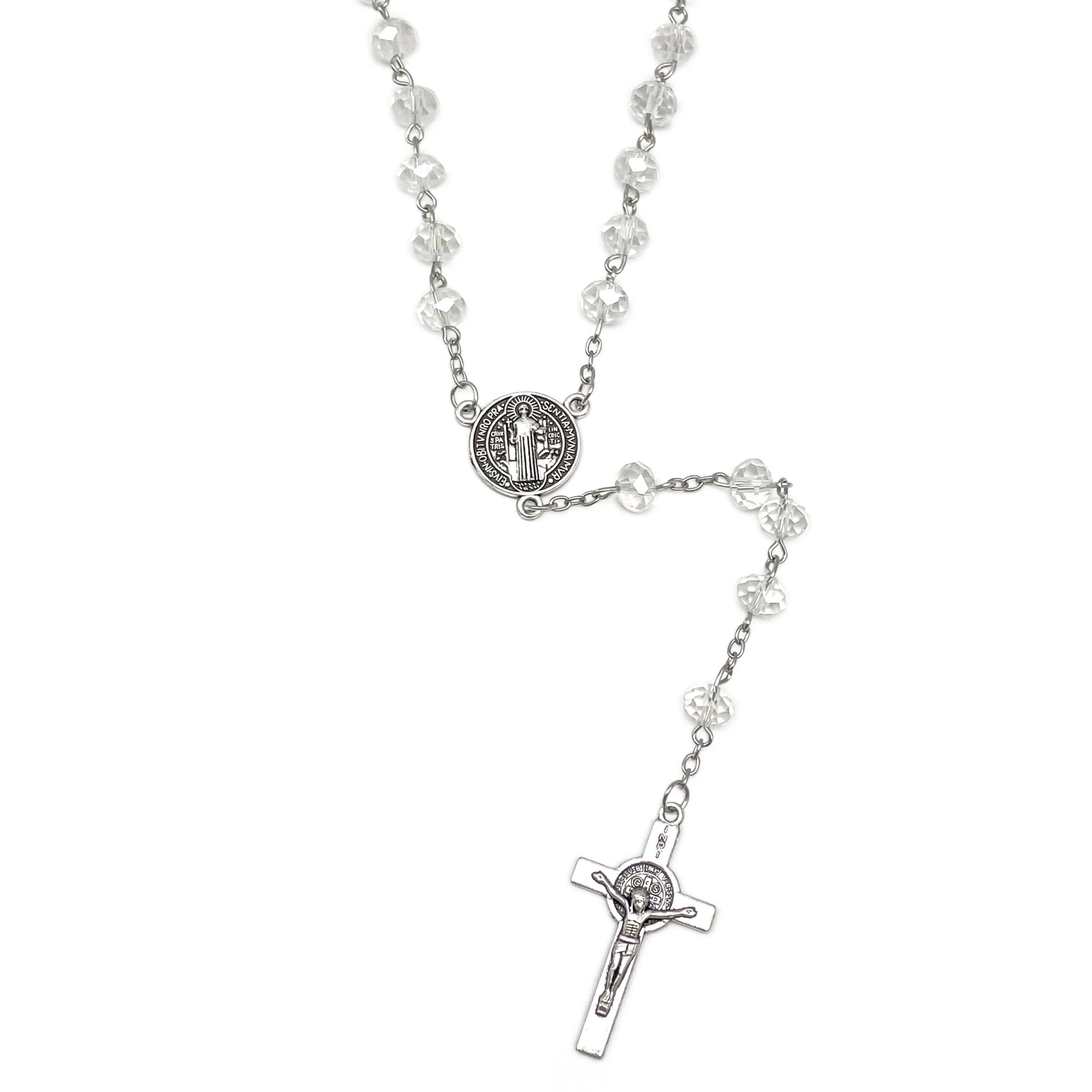 12 X Wholesale Bulk saint benedict Crystal Rosary necklace 18 inches drop down for Baptism , Wedding , Religious Favor /Baptism Favor/baby shower/