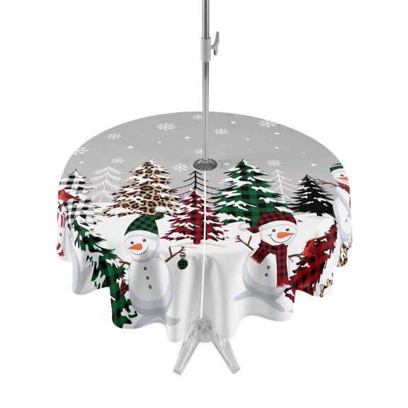 Outdoor Tablecloth with Umbrella Hole and Zipper, Grey Christmas Round Table Cloth 60 Inch Waterproof Tablecloth, Snowman Xmas Tree Winter Snowflake Picnic Table Cover for Patio Camping