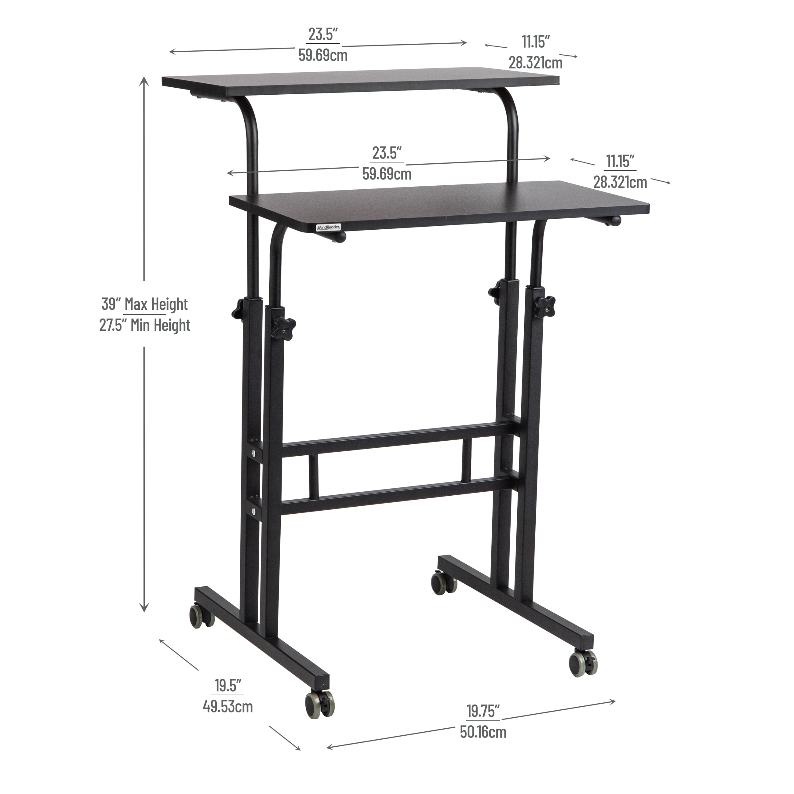Mind Reader Standing Desk, Adjustable Height Laptop Workstation, Portable Rolling Desk on Wheels, Two-Tier Metal Frame, Black