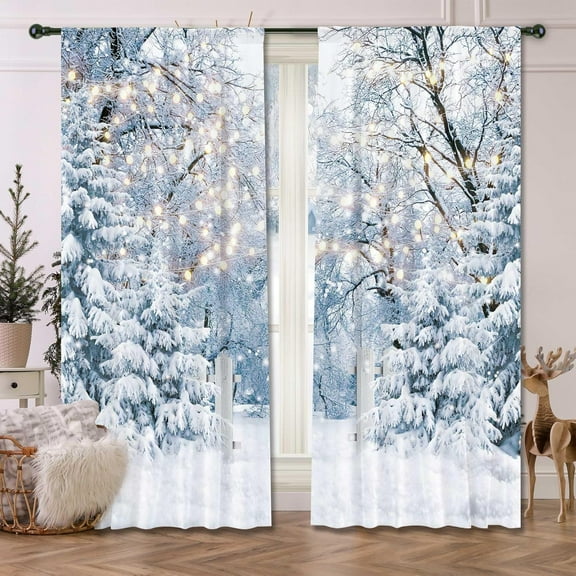 82" Wx 84" L Winter Scene Window Curtain Blue Wonderland Snowflake Forest Landscape for Christmas Home Bedroom Living Room Decor Decorations with Fabric Machine Washable