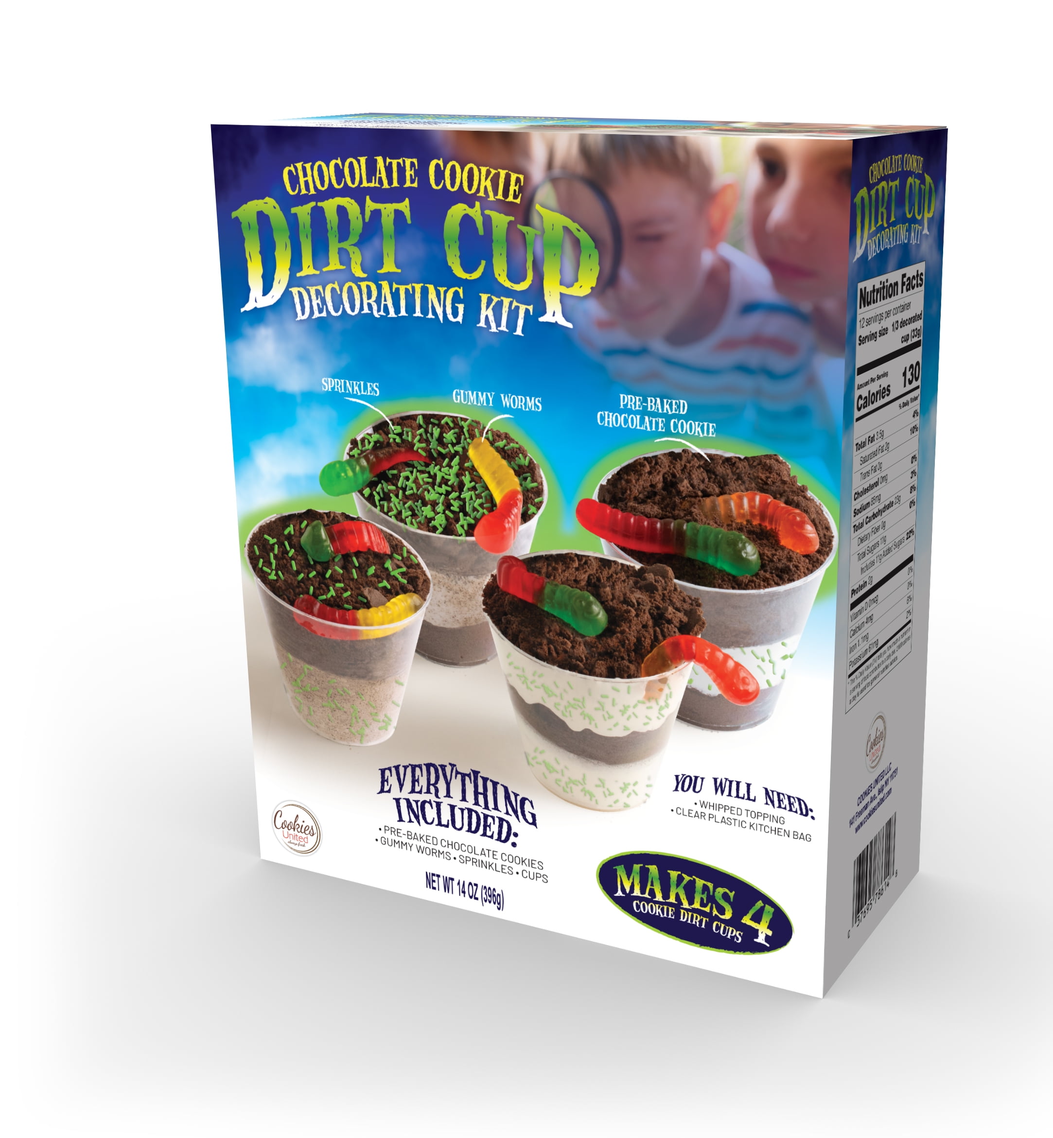 Cookies United Chocolate Cookie Dirt Cup Decorating Kit, 14 oz, 4 Cookie Dirt Cups