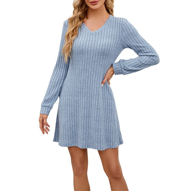 Robes d'Hiver Décontractées pour Femmes! Fadeal Nouvelle Robe Décontractée Unie à Col en V avec Poches Rayée Brossée à Manches Longues Robes d'Hiver pour Femmes Bleu Clair m
