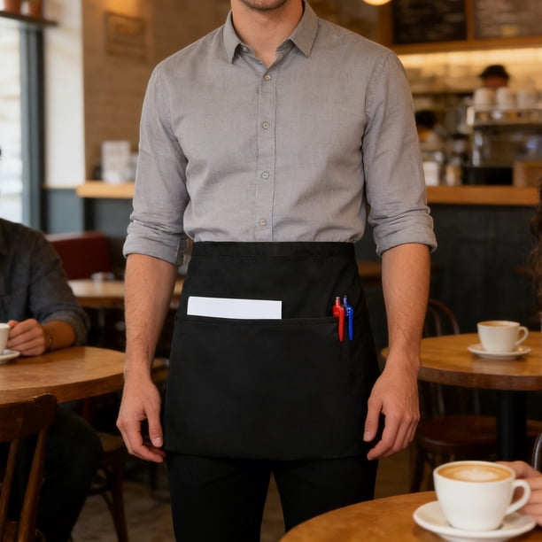 Waterproof Waist Aprons For Servers Restaurant Hotel Kitchen Half Aprons Work Aprons With Pockets Durables Uniform Aprons