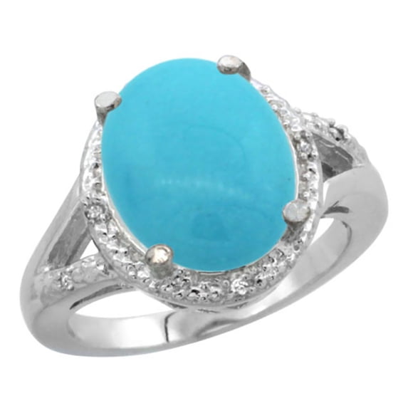14K White Gold Natural Turquoise Ring Oval 12x10mm Diamond Accent, size 10