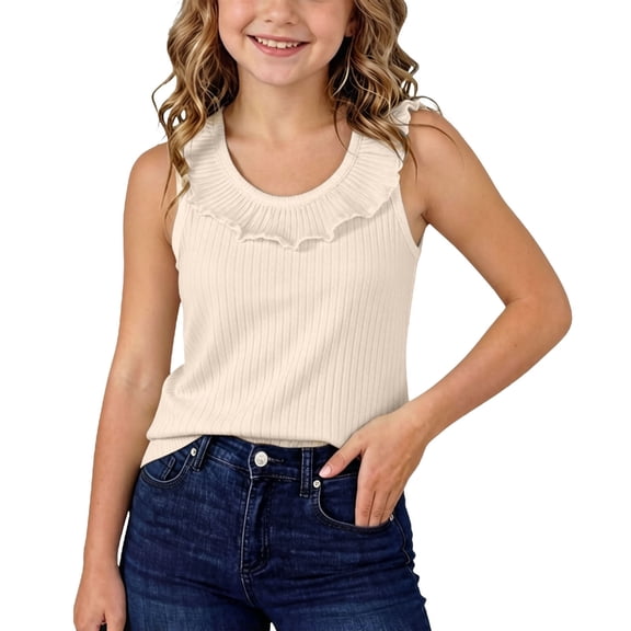 Ribbed Tank Tops Kids Girls Ruffle Neck Sleeveless Summer Shirts Relaxed Vacation Casual Loungewear 6 Years, Beige