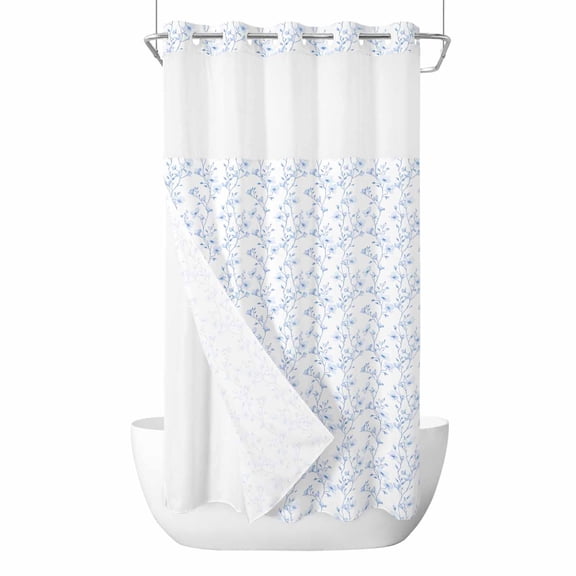 No Hook Shower Curtain, Blue Spring Floral Small Shower Curtains with Snap in Liner, Elegant Watercolor Summer Botanical Waterproof Washable Fabric Bathroom Curtain Sets, 36"W x 78"L