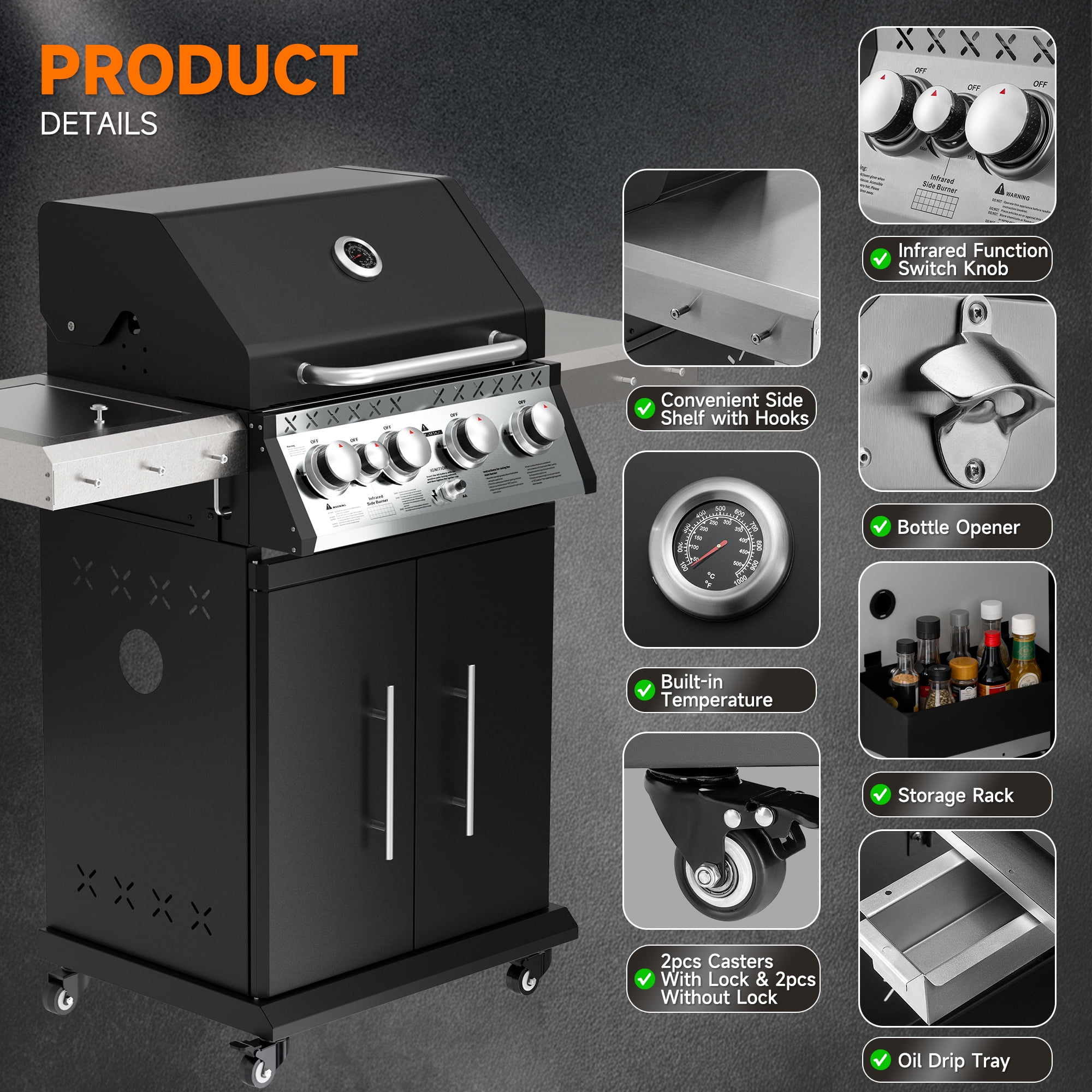 SKOK 4-Burner Propane Gas Grill with Infrared Side and Rear Burners - 60,000 BTU Outdoor Barbecue Grill with Porcelain-Enameled Cast Iron Grates, Patio & Backyard