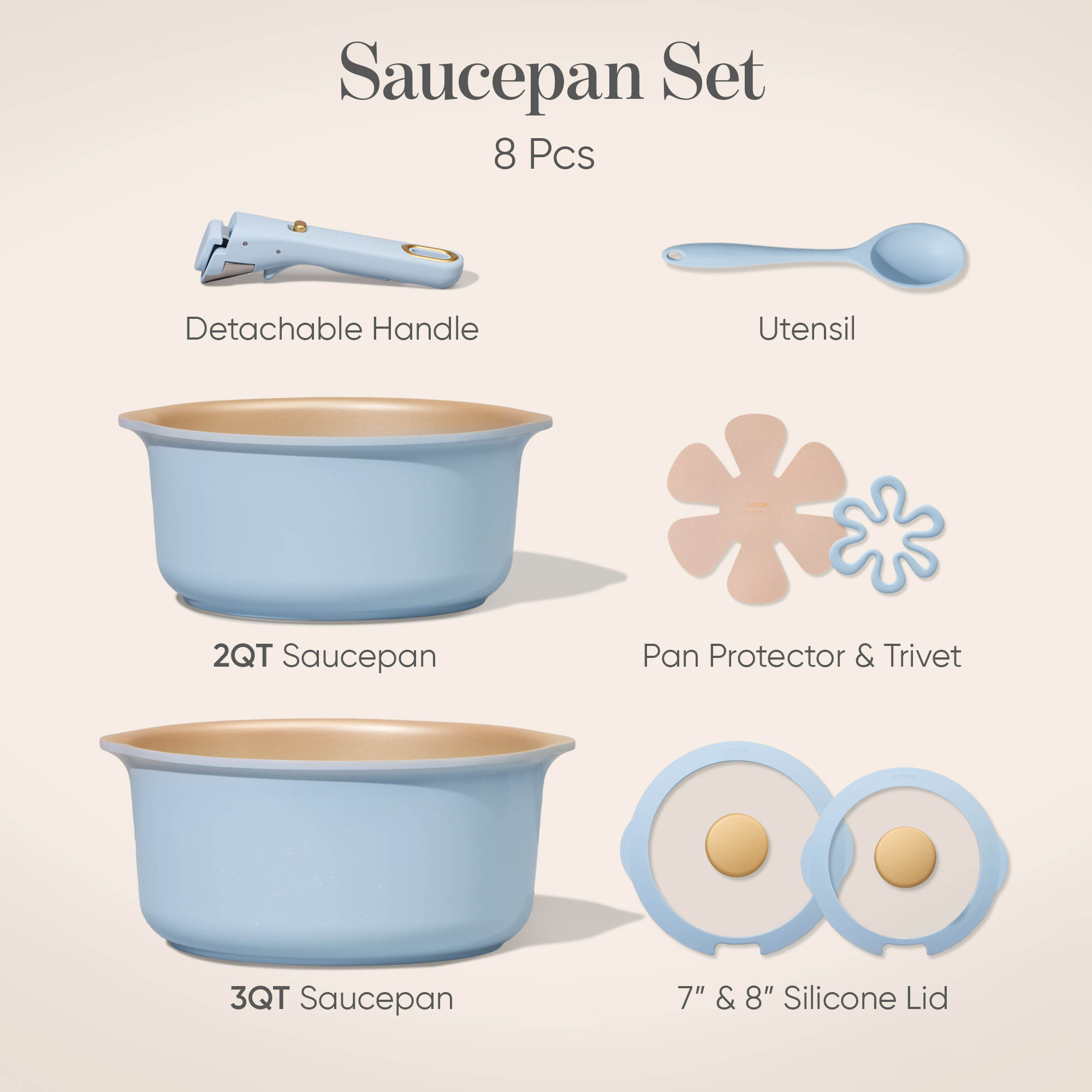 Carote 8 Pcs Nonstick Pots Set w/Lids & Detachable Handle, 2QT & 3QT Saucepans w/Pour Spout, Dishwasher Safe, Oven/Induction Compatible Cookware, Blue
