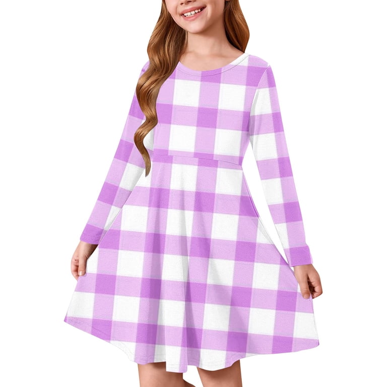 Odeerbi 4-14 Years Toddler Girls Christmas Plaid A-Line Dress Spring Fall Long Sleeve Ballet Skater Dress Stretchy Twirly Skater School Recital Round