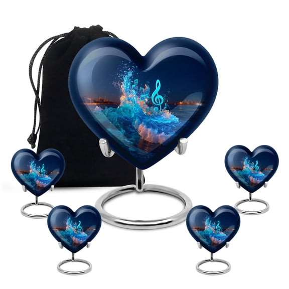 Yatskia Blue Music Decorative Small Funeral Urns for Human Ashes Adult Men and Women, Large Memorial Urn for Ashes Adult, (Heart 8 Inch and 3 Inch)