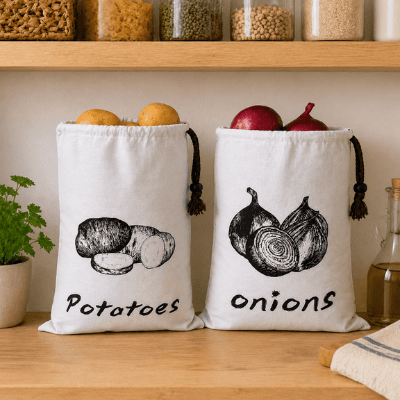 Potato and Onion Storage, Onion Bag, Potato Storage Bag, Vegetable Storage Bags, Root Vegetable Storage, Breathable Drawstring Fabric Storage Sack for Garlic, Potatoes, Onions