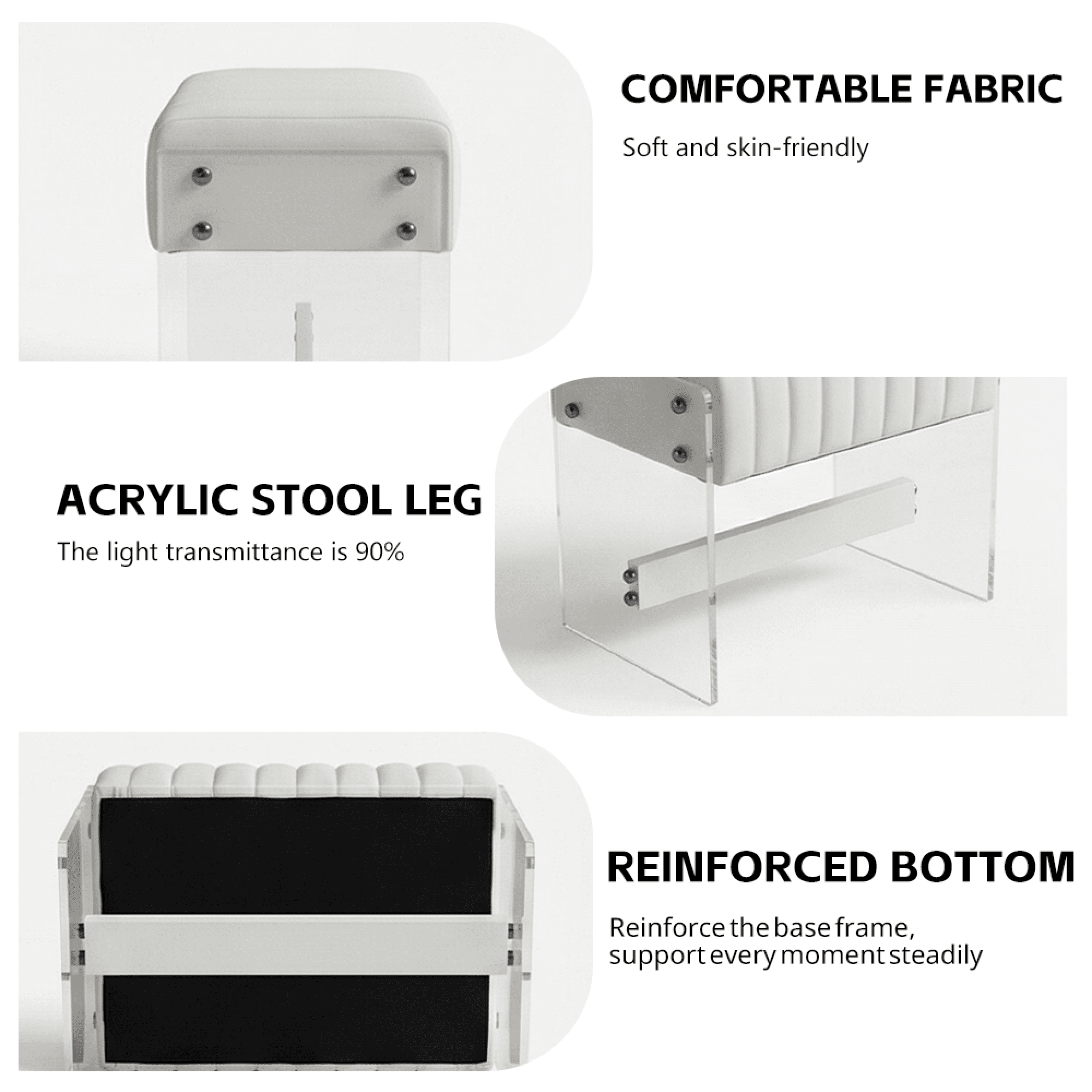 Leumius Dressing Stool with White PU Leather Surface, High-density Sponge and Transparent Acrylic Legs, Modern Luxury Square Stool for Bedrooms, Entrances and Living Rooms