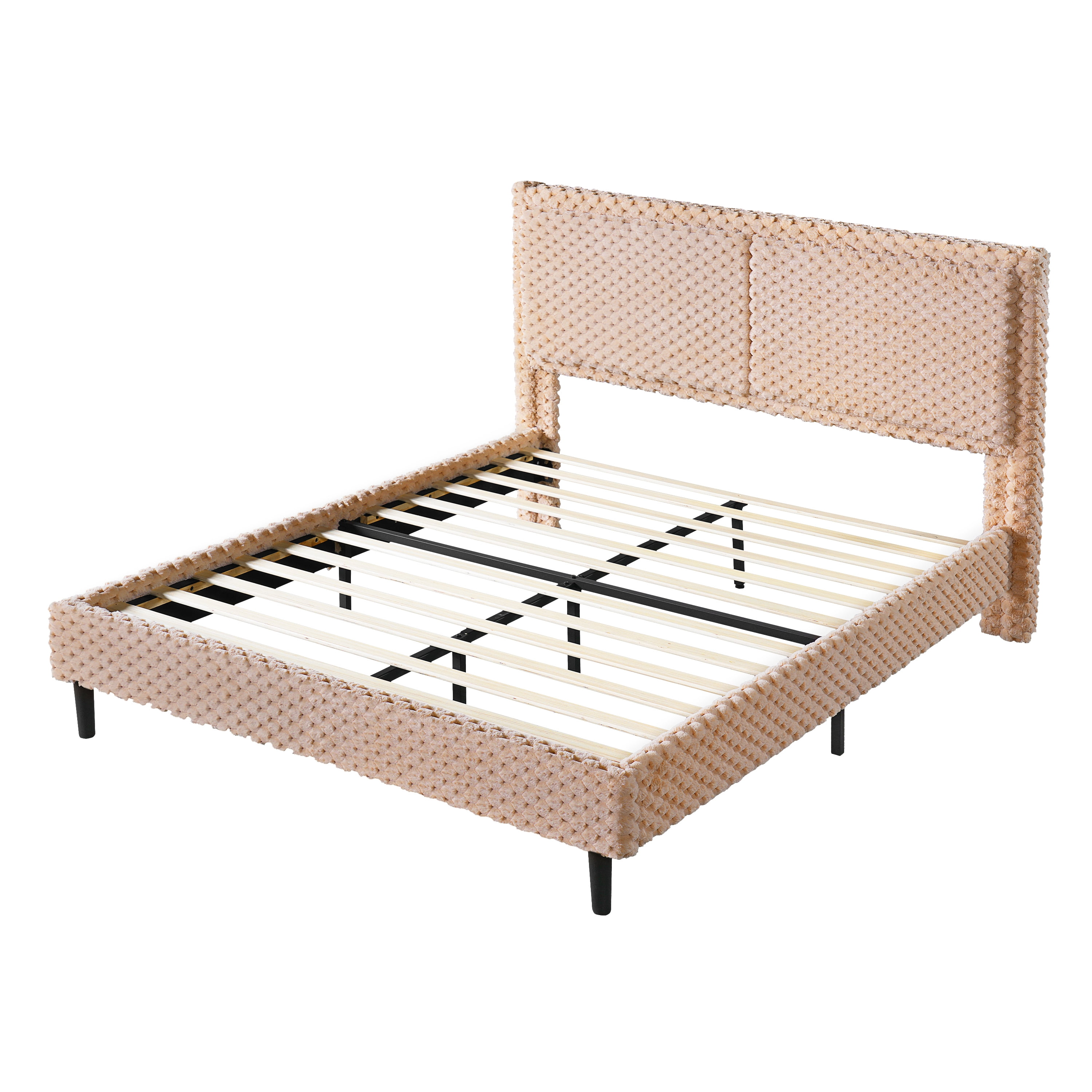 Mintazer Queen Size Upholstered Platform Bed Frame with Wingback Headboard, Textured Plush Fabric Bed with Metal Support, No Box Spring Needed, Camel