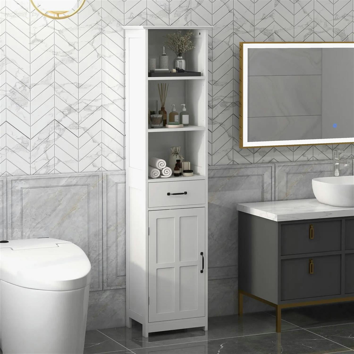 Demi Bonn 64.5" Tall Bathroom Storage Cabinet, Freestanding Cabinet with Drawer and Adjustable Shelves for Living Room, Kitchen, Dining Room, Office, White