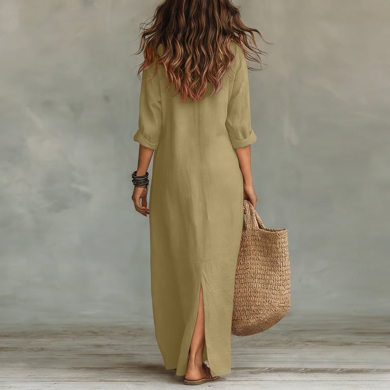 Womens Linen Maxi Dresses Casual Loose Fit V Neck 3/4 Sleeve Side Slit A Line Linen Long Dress