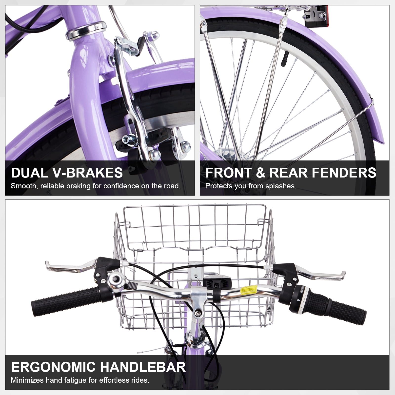 Ktaxon 26" Womens Bike, 7 Speed Beach Cruiser Bike for Adults Women with Basket & Rack, Step Through City Bikes, Purple
