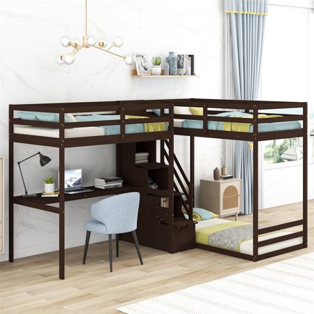 L Shaped Bunk Bed  Twin Size Loft Bed with Built-in Middle Staircase and Desk  Solid Wood Triple Bed Frame with Safety Guardrails  3 In 1 Bunk Bed for Kids Teens Adults  Espresso