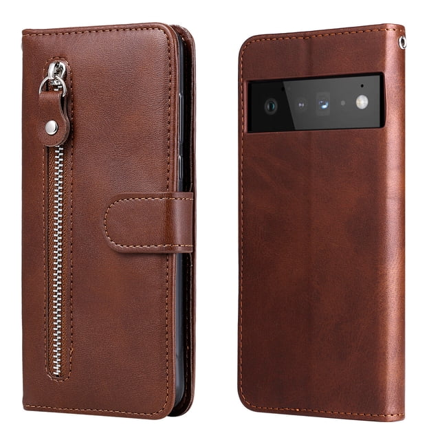 Case for Google Pixel 6 PRO 5G Zipper Pocket Wallet Leather Case Magnetic Closure Flip Cover - Brown