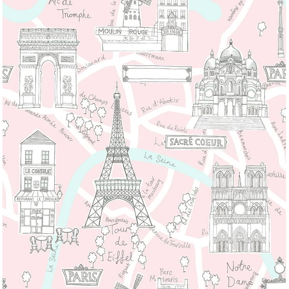 NextWall  Paris Scene Peel and Stick Wallpaper 20.5 in. W x 18 ft. L - Pale Pink