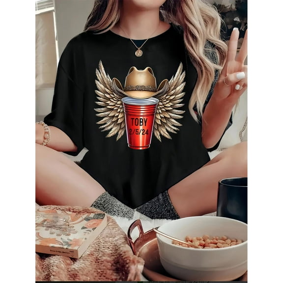 Women's Casual Chic T-Shirt with Unique Winged Cowboy Hat & Coffee Cup Print - Comfy Cotton, Crew Neck, Short Sleeve - Perfect for Summer, Leisure Tees
