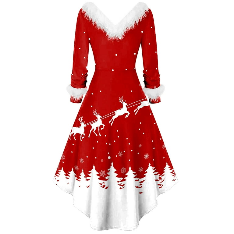 Odeerbi Christmas Dresses For Women Party Dresses 2025 Long Sleeve Printed  V-Neck Draw Back Swing Dress Red - Walmart.com