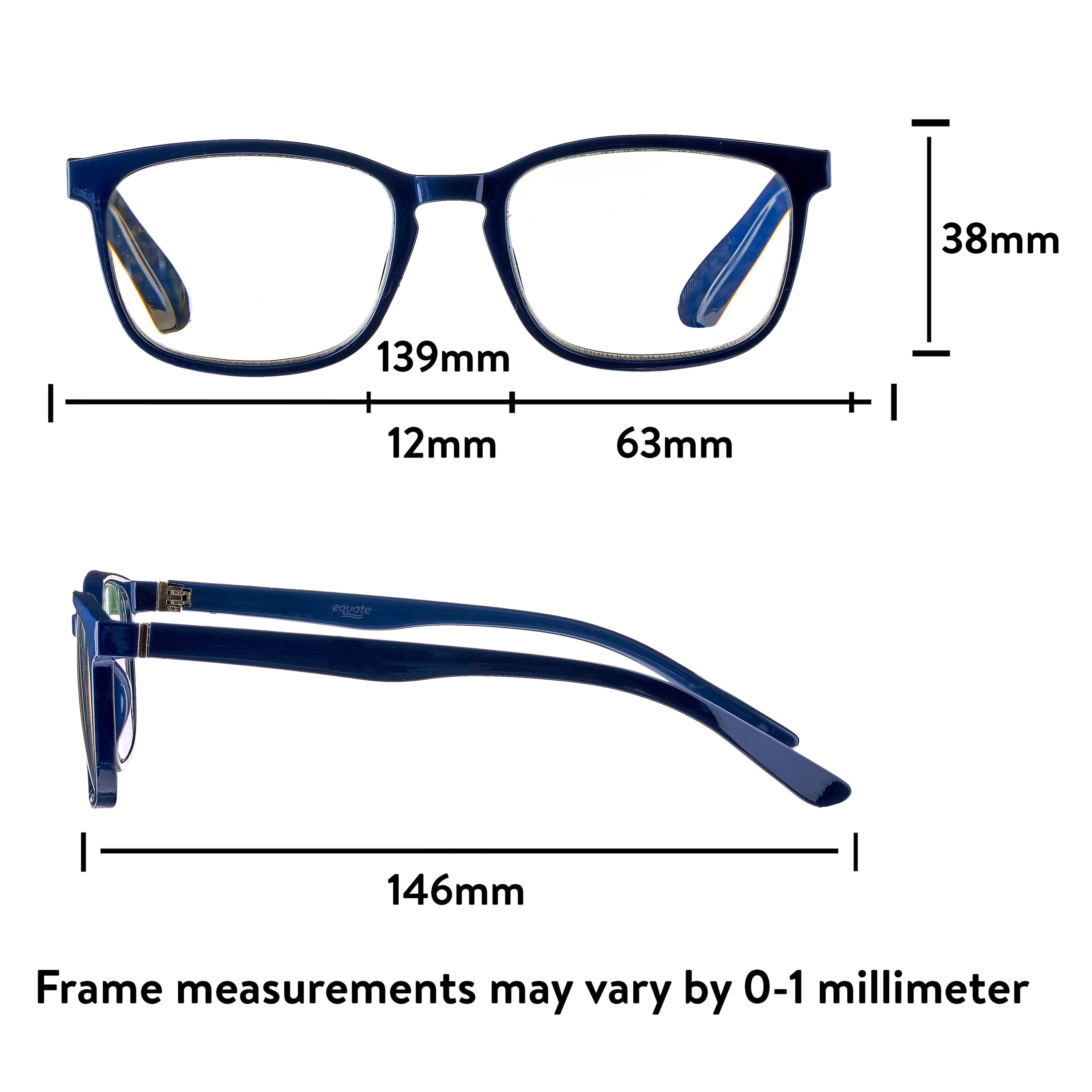 Equate Unisex Pike Bluelight Rectangular Reading Glasses with Case, Dark Grey Blue, +3.00
