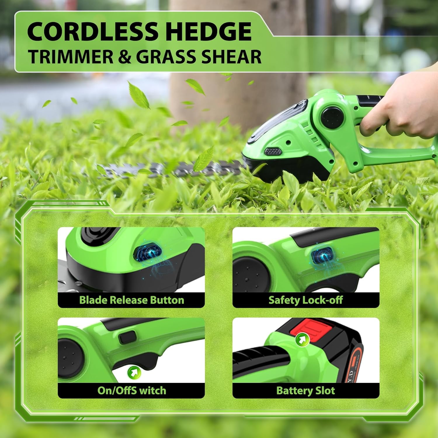 Cordless Hedge Trimmer, 2-in-1 Mini Hedge Trimmer Cordless & Grass Shears, 24V Battery Operated Shrubbery Trimmer Handheld Electric Grass Trimmer with 2 Rechargeable Batteries and Charger