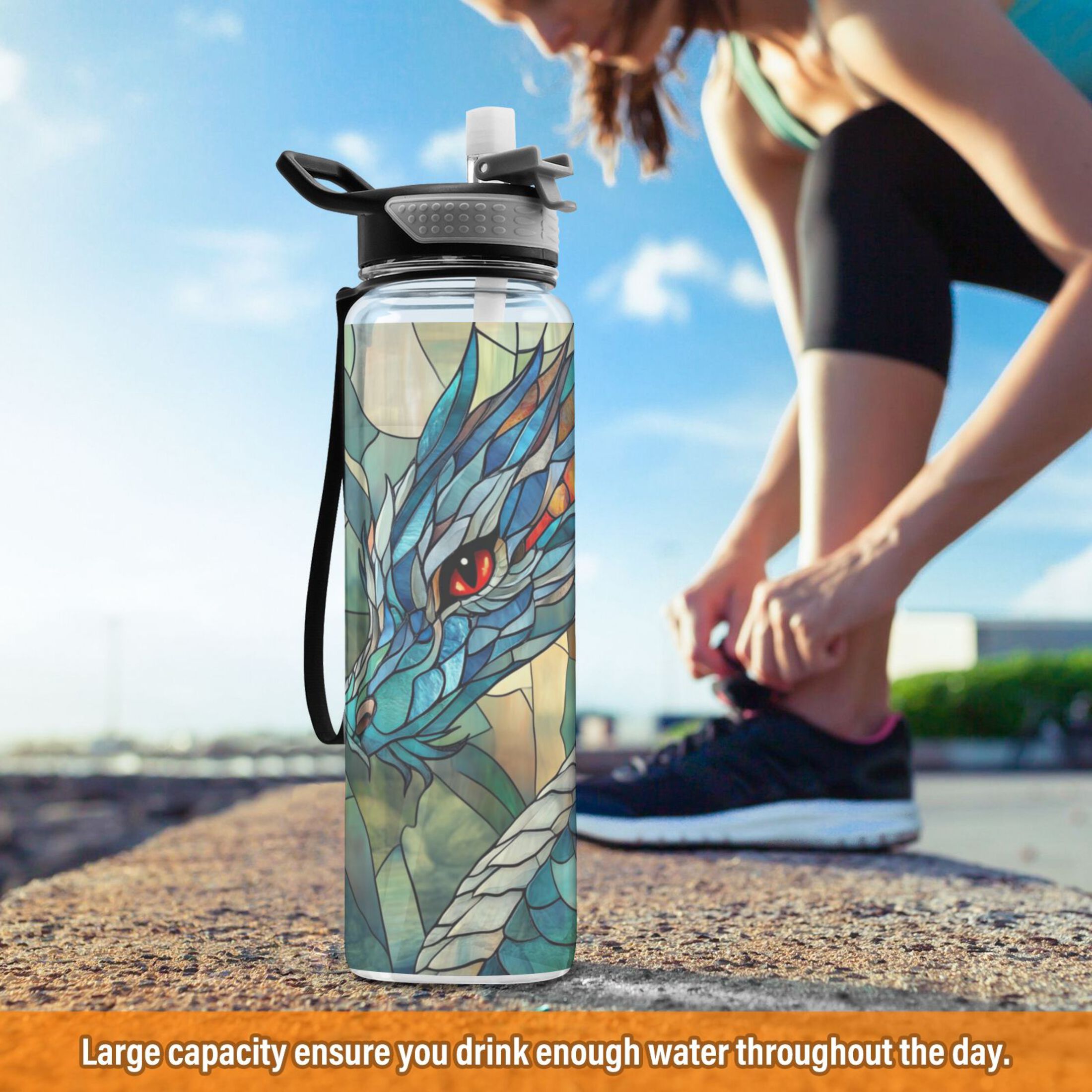 32oz Transparent Sports Water Bottle with Straw for Kids Adults Outdoor School Gym Fitness Stained Glass Dragon