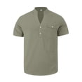 thumbnail image 5 of Men Henley Shirt Solid Color Cotton Linen Short Sleeve T-Shirts Band Collar Beach Vacation Pullover, 5 of 7