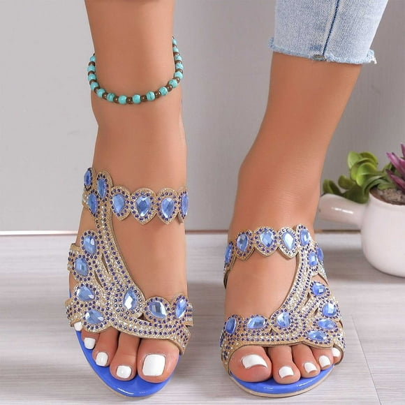 WIZUTIZ Wedge Sandals for Women Comfortable Sandals for Women Running Comfort Stretchy Jeweled Sandals Pull-On Shoes Low Heel (1"-2") Wide Solid Sandals Going Out Blue