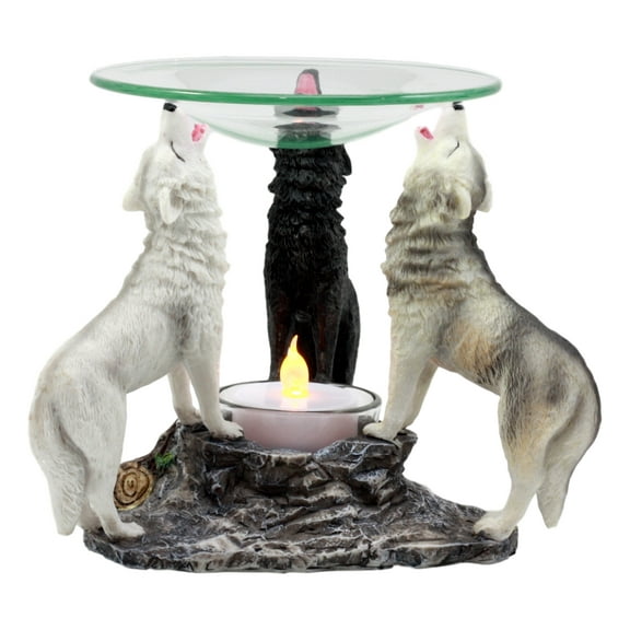 Ebros Moonlight Colorful Three Howling Wolves Oil Warmer Or Wax Tart Burner Aroma Scent Diffuser Statue Faux Stone Resin Wolf Themed Decorative Figurine
