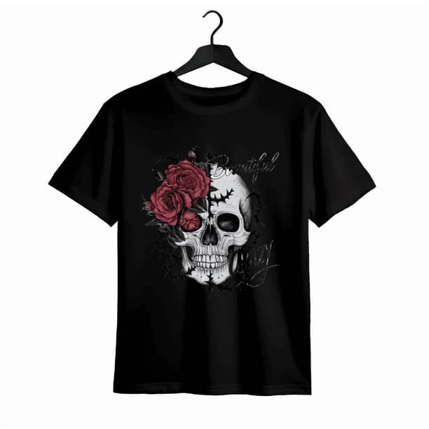 Camiseta deportiva blanca de manga corta con calavera y rosas rojas para hombre, talla grande